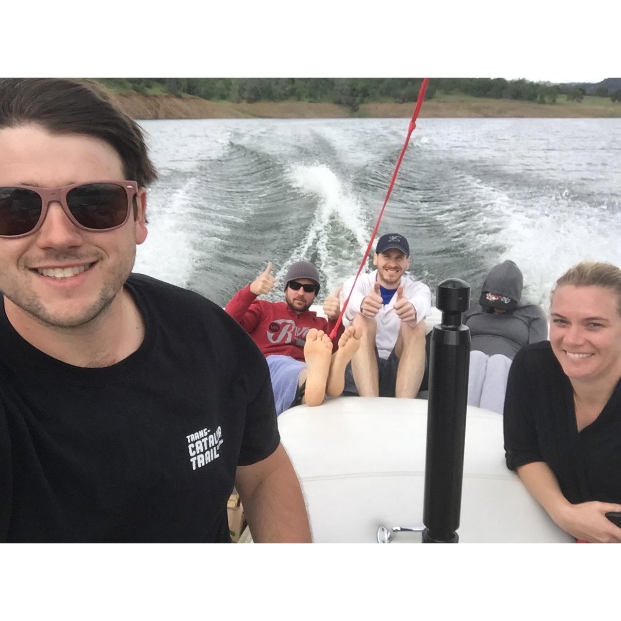 Enjoying some boat time at Folsom Lake. 
Perry, Dave, Jason, Jenn (Bundled), Stephanie.