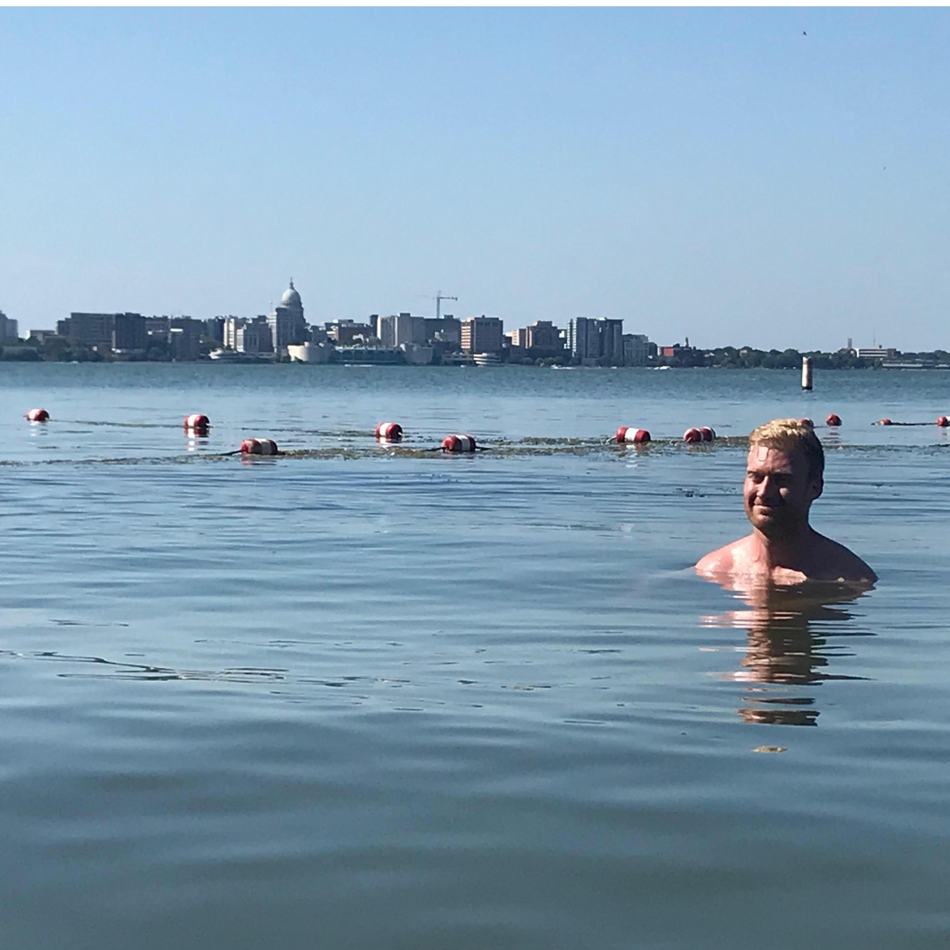 A little mid-run swim. Madison, WI skyline in the background!
