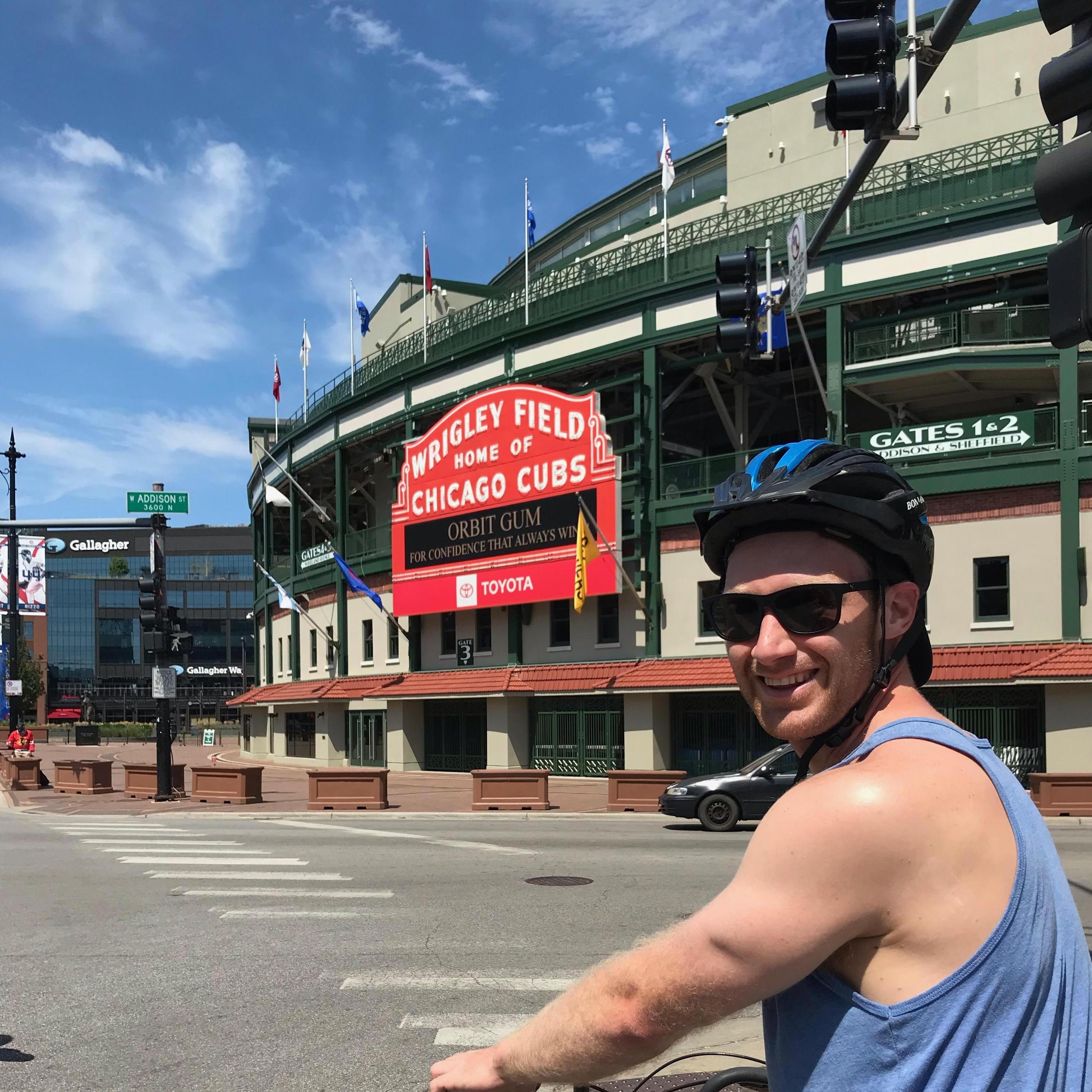 Wrigley Field in Chicago! Ben made us bike through traffic to get there, but it's cool I guess.