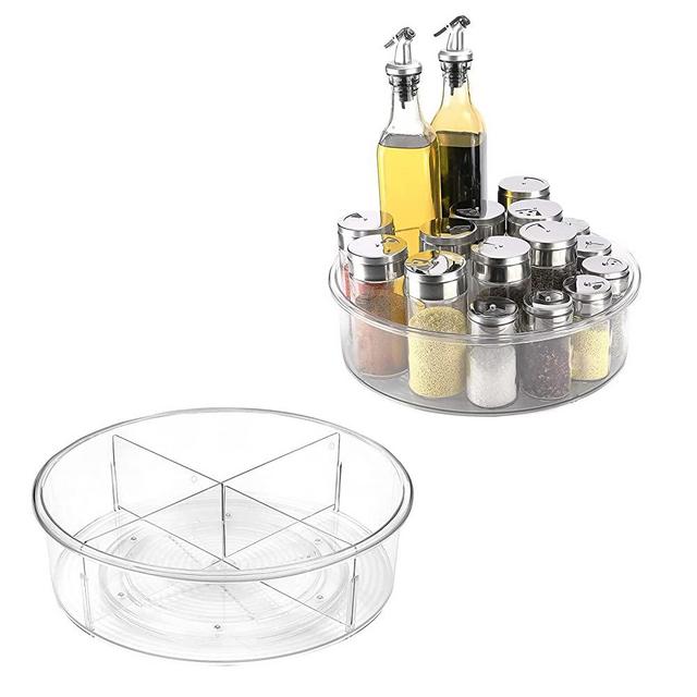 Puricon 2 Pack Lazy Susan Turntable Organizer (1 Large with Divider and 1 Medium), Clear Plastic Round 360°Rotating Storage Container Bins for Cabinet Kitchen Pantry Countertop Fridge Bathroom