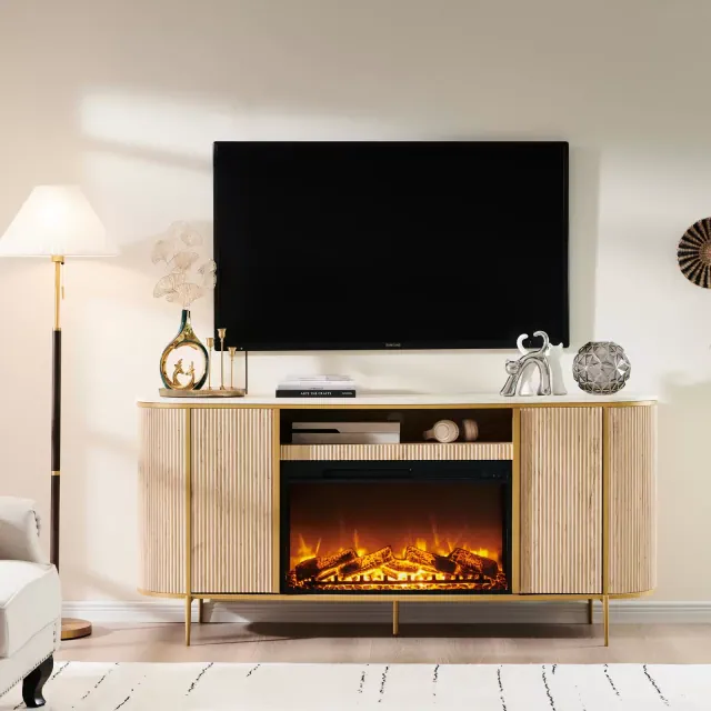 OKD Luxury 70" Fireplace TV Stand, TV Console with Faux Marble Top, Natural Oak