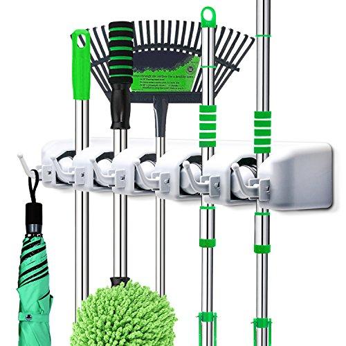 LETMY Broom Holder Wall Mounted - Mop and Broom Hanger Holder - Garage Storage Rack & Garden Tool Organizer - 5 Position 6 Hooks for Home, Kitchen, Garden, Tools, Garage Organizing