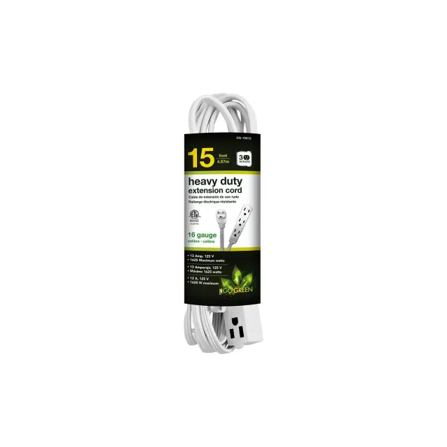 GoGreen Power 16/3 15ft 3 Outlet Extension Cord, White, 15 Ft Cord