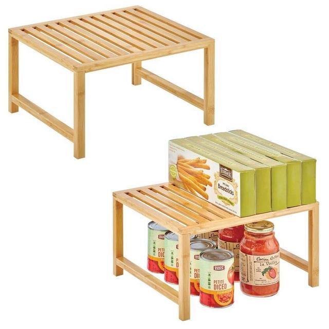 mDesign Natural Bamboo Storage Shelf - Food and Kitchen Organizer for Cabinets, Pantry Shelves, Countertops, Stackable - 2 Pack - Natural Bamboo