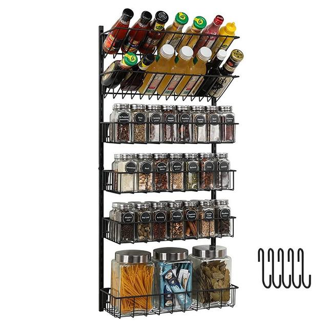 X-cosrack Wall Mounted Spice Rack Organizer 6 Tier Hanging Seasoning Holder Rack with Hooks, Height-Adjustable Wire Storage Shelves for Kitchen Pantry Cabinet Door Bathroom, Black