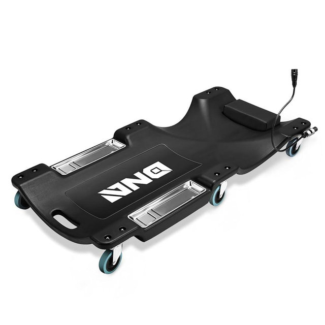 DNA Motoring 40 Inch Low Profile Plastic Rolling Garage Shop Floor Creeper with LED Light, Padded Headrest, Dual Tool Trays, Casters, Black, TOOLS-00389-BK