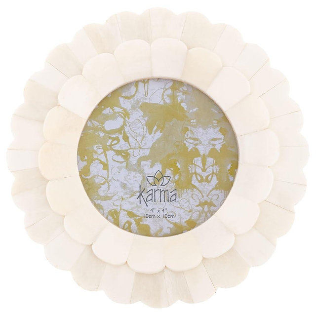 Karma, Natural Bone Picture Frame Round, 4x4 Photo Frame for Tabletop Desktop Display, Cream Floral