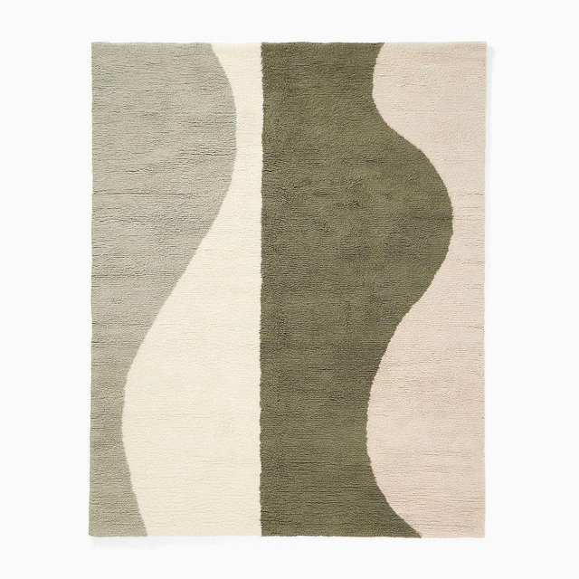 Modern Wave Shag Wool Rug, 8x10, Dark Olive