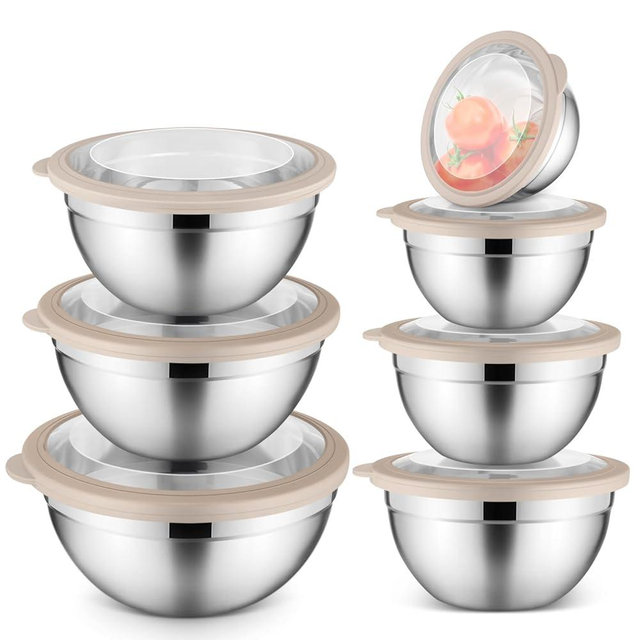 E-far Stainless Steel Mixing Bowls with Airtight Clear Lids Set of 7, Metal Nesting Bowls for Kitchen Prep, Baking, Cooking, Serving, Salad, Dishwasher Safe, Size 4.6, 3.5, 3, 2, 1.5, 1, 0.7QT, Khaki