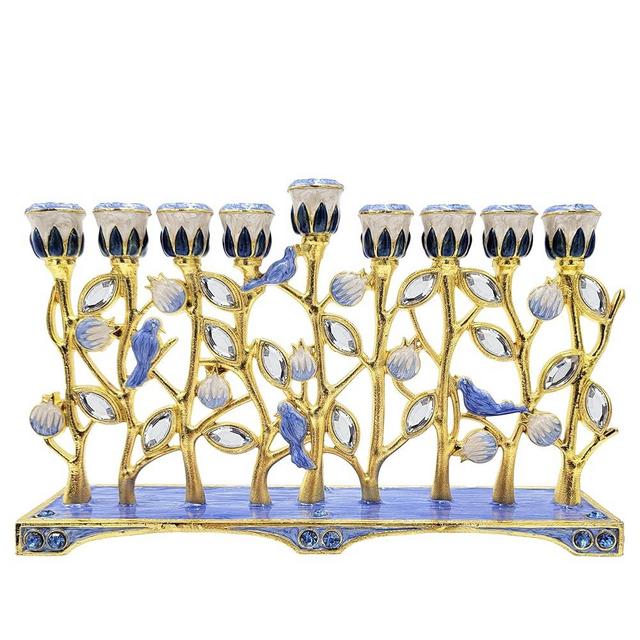 The Dreidel Company Hanukkah Menorah Enamel Pomegranate & Blue Bird Design, Hand-Painted Enameled Metal This Ornate 9 Branch Menorah Measures 12" High X 10" Wide