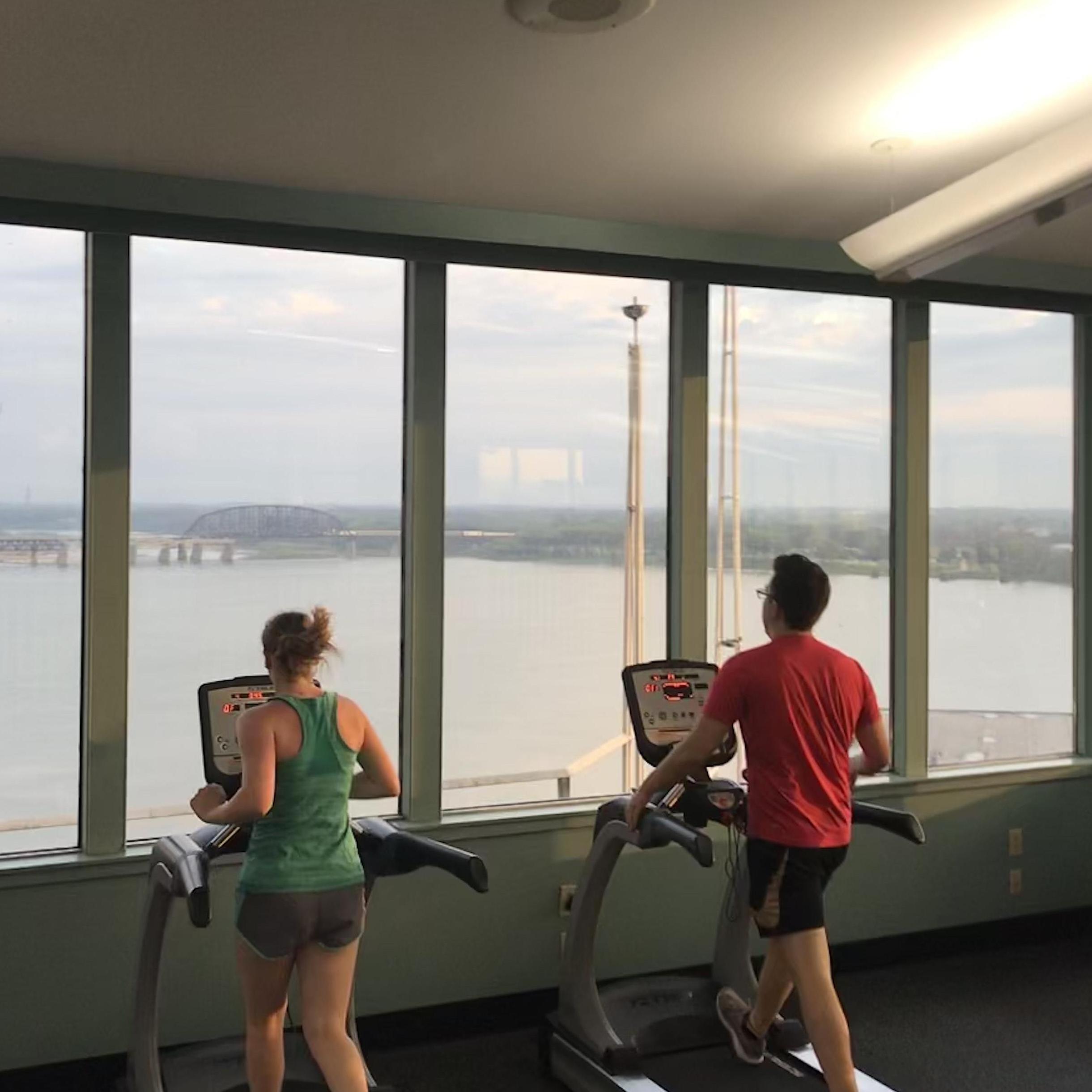 Working out together in a hotel gym on a week-long roadtrip!