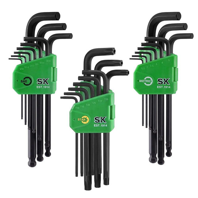 SK 27-Piece Allen Wrench Set, Metric/SAE/Star Hex Key Set, L-Shaped, S2 Steel, Black Phosphating Finish