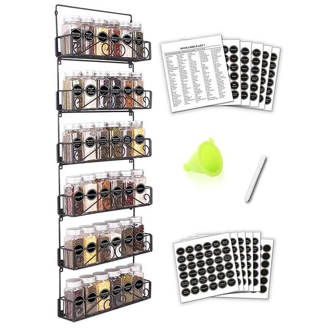 SWOMMOLY 6 Tier Wall Mount Spice Rack Organizer with 36 Spice Jars, 396 Spice Labels, Chalk Marker and Funnel Complete Set. Stackable Foldable Hanging Spice Shelf Storage Racks.