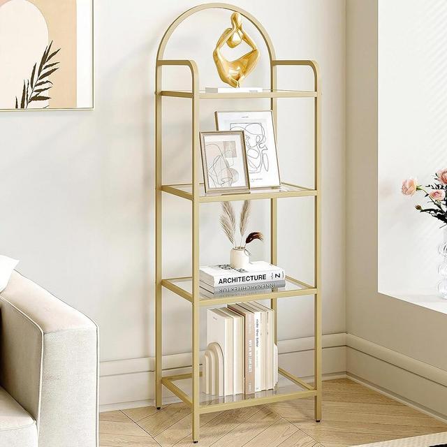 Hzuaneri Bookcase Bookshelf, Tempered Glass Bookshelves, Slim Shelving Unit for Bedroom, Bathroom, Home Office, Steel Frame, 4 Tier Gold BC04001G