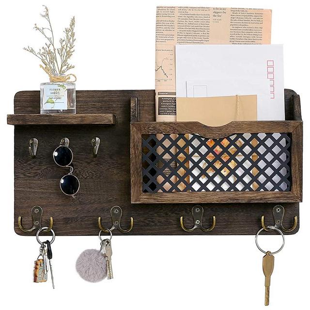Dahey Wall Mounted Mail Holder Wooden Mail and Key Organizer with 7 Hooks Entryway Decorative Shelf Rustic Home Decor for Entryway Mudroom Hallway Kitchen Office, Bronze