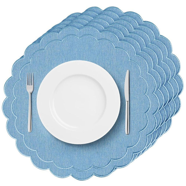 Set of 6 Blue Cotton Linen Placemats, 15x15 Scalloped Flower Embroidery Cloth Table Mats Double Layered Fabric Machine Washable Wrinkle Free Dining Placemat for Hotel Restaurant Kitchen Decor