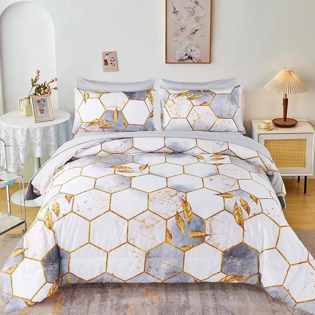 ZRNBAST Honeycomb King Comforter Set 7 Pieces White Bedding Sets Marble Hexagon Bed Set with Gold Trim Print Modern Geometric Bed in A Bag with Sheets All Season(White, King)