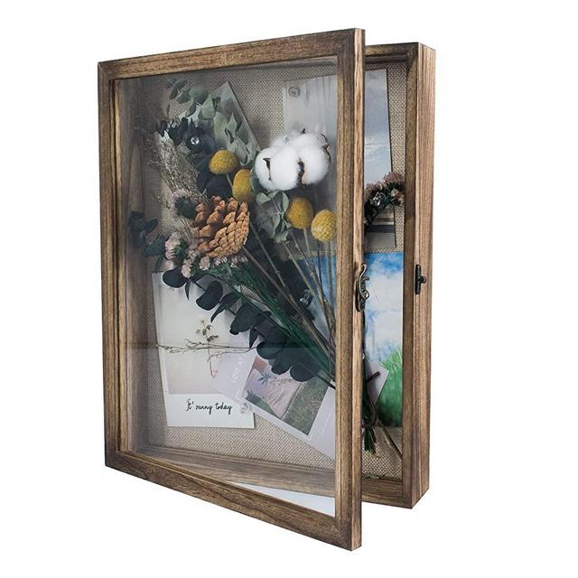 GraduationMall 11x14 Shadow Box Frame Solid Wood Glass Door Display Case with Linen Back and 6 Stick Pins,1.5 inches Interior Depth,Ideal for Memorabilia Pictures Flowers Medals Tickets