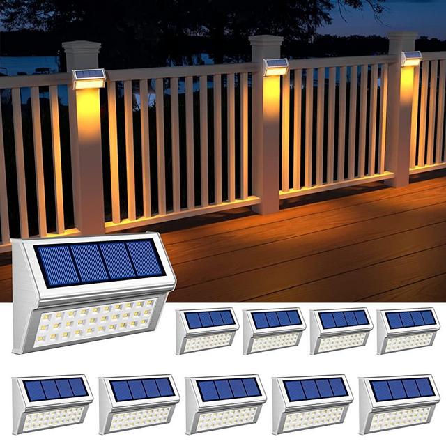 ROSHWEY 10 Pack Outdoor Solar Lights, Solar Fence Lights with 30 LED Deck Lights Waterproof Solar Lights Outdoor for Garden Pathway Patio (Warm White)