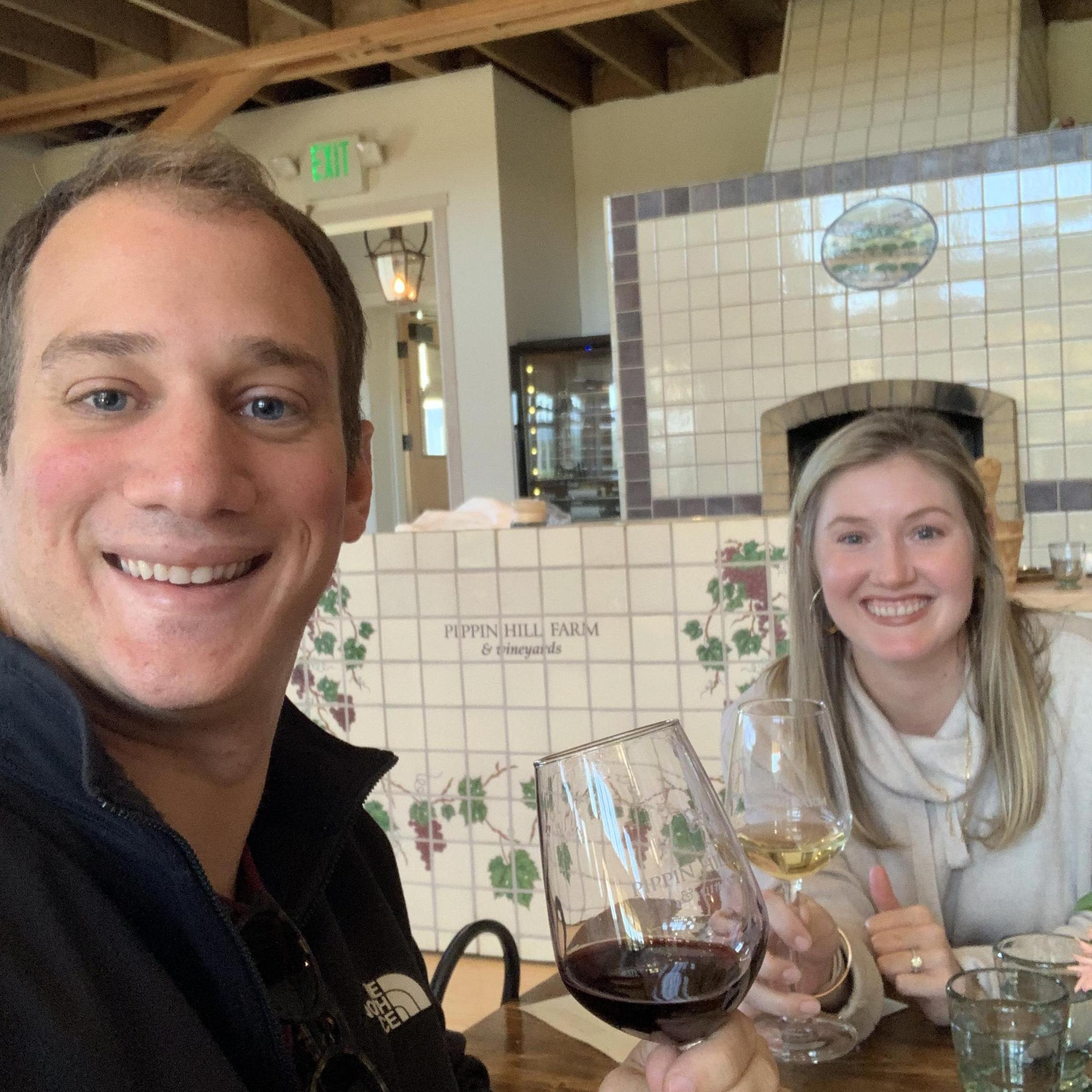 Celebrating the end of grad schol for MBF over a wine tasting at Pippin Hill Vineyards