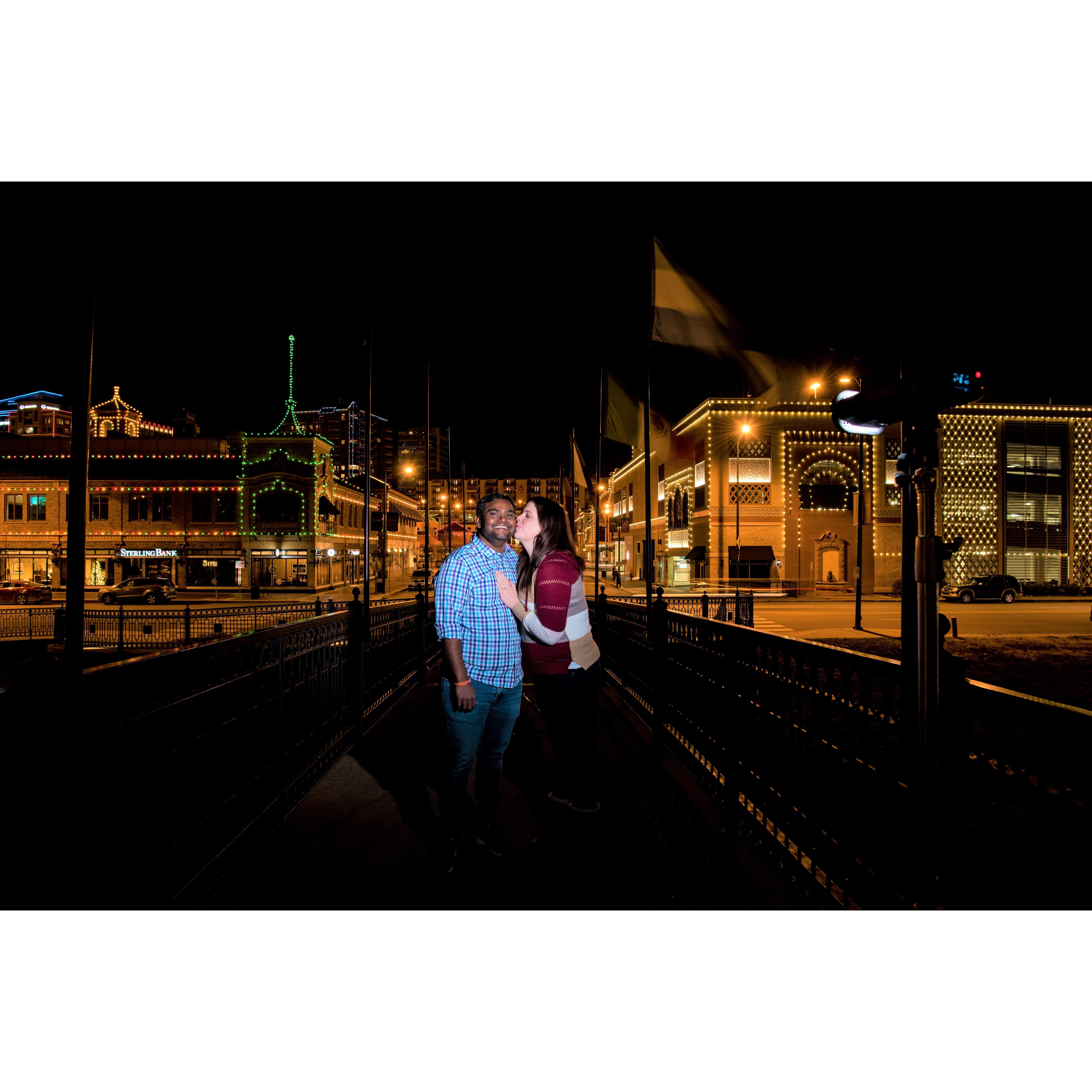 Engagement Photos at the Plaza with Christmas Lights.   Photos by Vijay Ainapurapu.