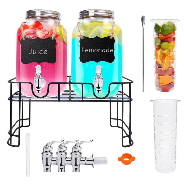 2PCS 1 Gallon Glass Drink Dispensers for Parties, Beverage Dispenser with Stand and Spigot, Used as Lemonade Dispenser Drink Pitcher Juice Containers Water Dispensers for Party, Picnic