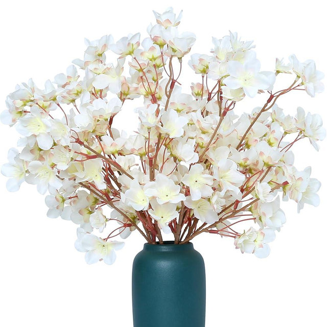 SITUMEIZI 6Pcs Artificial Cherry Blossom Branches Decor Fake Flowers 16" Silk Faux Flowers for Decoration Spring Peach Bouquet Home Wedding Bedroom Party Japanese Garden Table Centerpiece Decor(White)