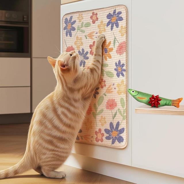 EVOMOTIVE SCRATCHABLE Sisal Cat Scratcher, [+ Catnip Fish Toy], Wall Scratcher, Couch Protector, Scratching Mat- 24 X 15.8 With 12 Adhesive Velcro Stripes (Floral)