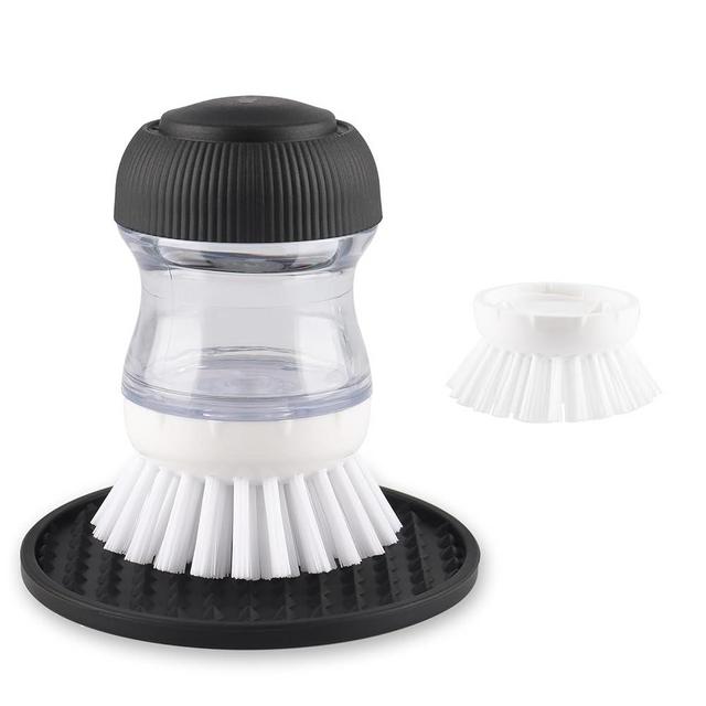 OYV Soap Dispensing Palm Brush, Dish Brush Set with Silicone Drip Tray and One Refill, Kitchen Dish Scrub Brush for Cleaning Pots, Pans.