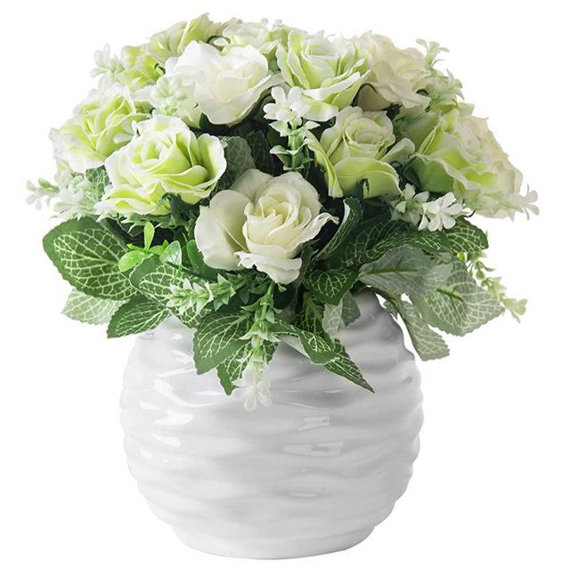 MyGift Decorative Fake Flowers White Artificial Rose Bouquet in Wave Textured Ceramic Pot
