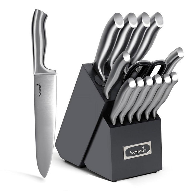 KUISINE Upgraded Premium Chef Knife Set,High Carbon Stainless Steel Razor-sharp Blade Ergonomic Non-slip Steel Handle,Block Knife Set with Built-in Sharpener(Black Silver,15PCS)
