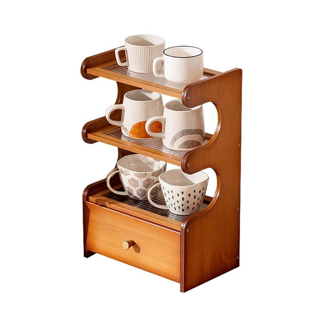 STEHEMO Coffee Mug Organizer Countertop, Bamboo Wood Mug Cup Holder Stand, K Cup Coffee Pod Drawer, Multifunctional Shelf Organizer for Accessories Station Kitchen,Brown,3 Tier 30cm