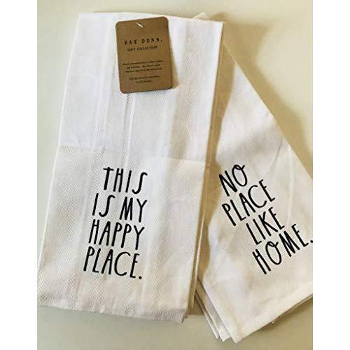 No Place Like Home/This is My Happy Place - Rae Dunn Farmhouse Black and White Large Letter Kitchen Dish Hand Towels Set of Two 100% Cotton