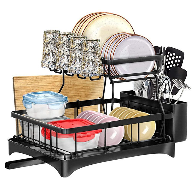 Dish Drying Rack with Drainboard, Large Capacity 2-Tier Dish Racks for Kitchen Counter Organizer & Storage, Rust Resistant Metal Dish Rack with Utensil Holders & Cutting Board Rack - Black