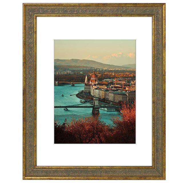 Golden State Art, 11X14 Ornate Finish Photo Frame with White Mat for 8x10 Picture & Real Glass. Color: Distressed Gold