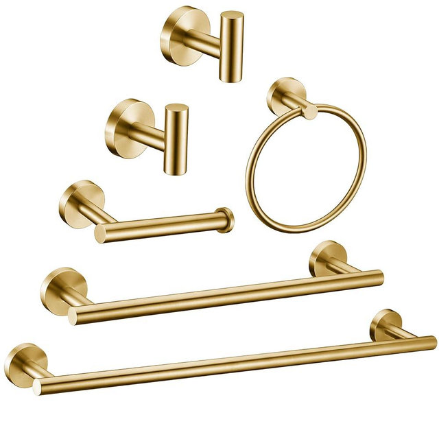 6 Pieces Brushed Gold Bathroom Hardware Accessories Set Hand Towel Ring 16&23.6 Inch Round Towel Bar Gold Toilet Paper Holder Towel Hooks 2 Pieces SUS 304 Stainless Steel, Heavy Duty, Wall Mounted