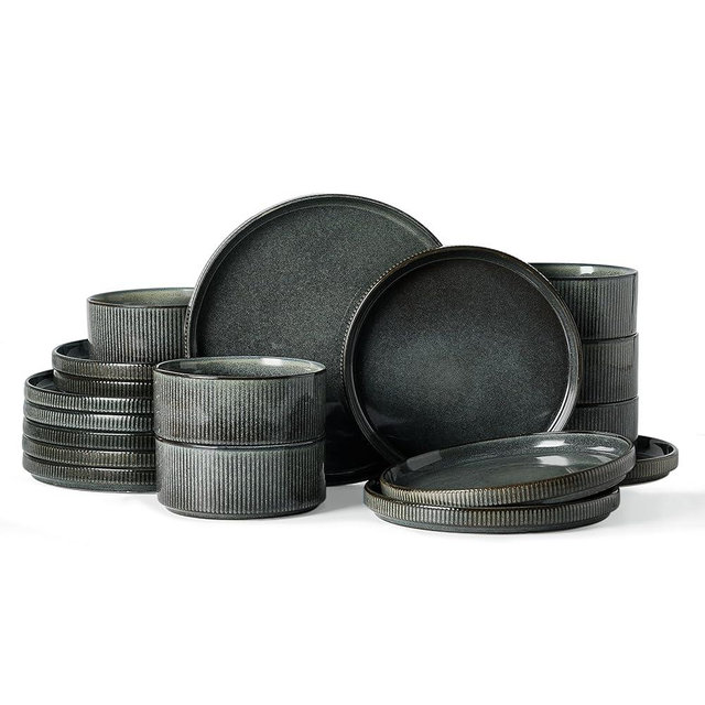 Famiware Star Dinnerware Set, Plates and Bowls Sets for 6 (18pcs), Ribbed Stoneware Dishes - Chip & Scratch Resistant, Microwave & Dishwasher Safe Kitchenware, Deep Forest