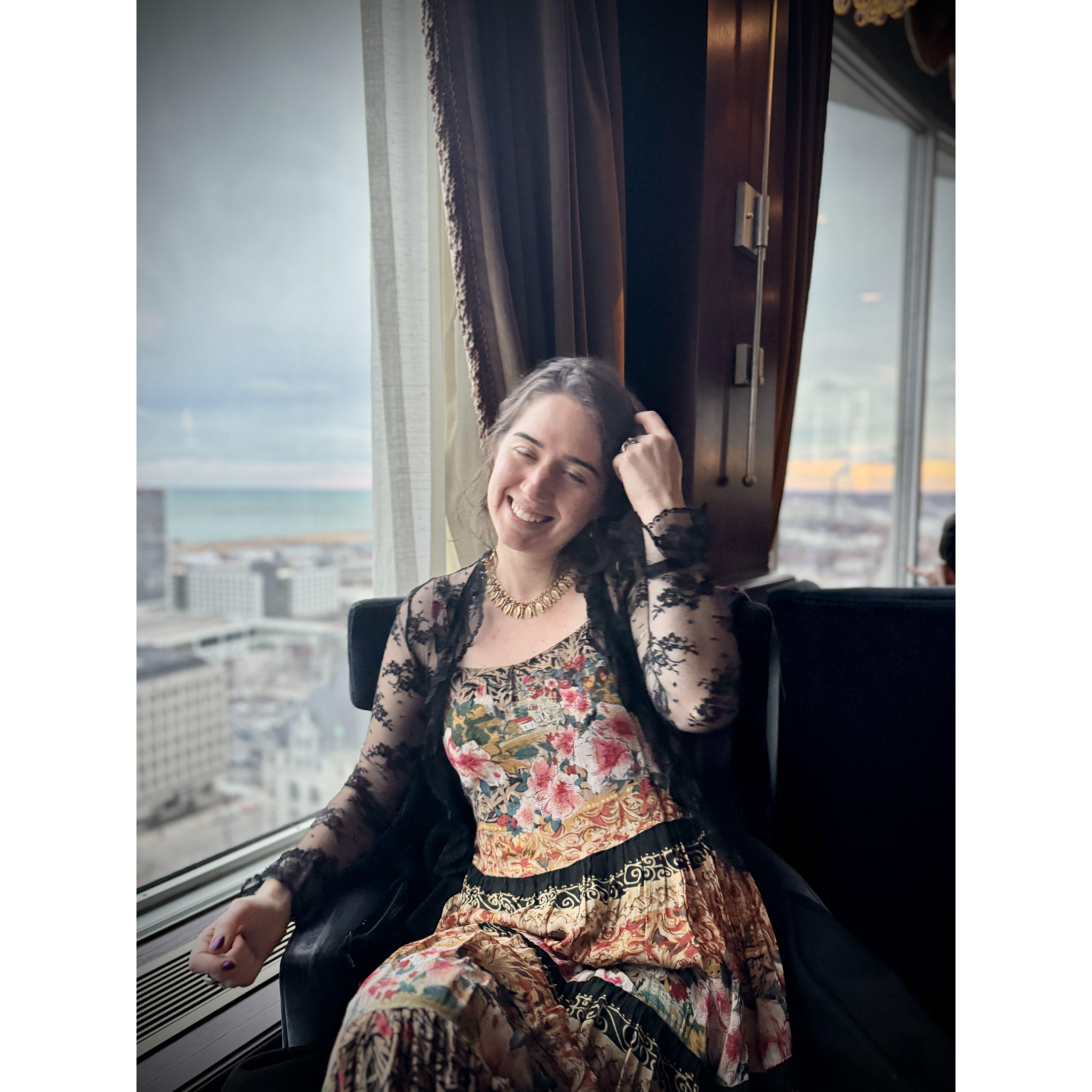 All dressed up for a wedding, having our own cocktail hour at the Pfister