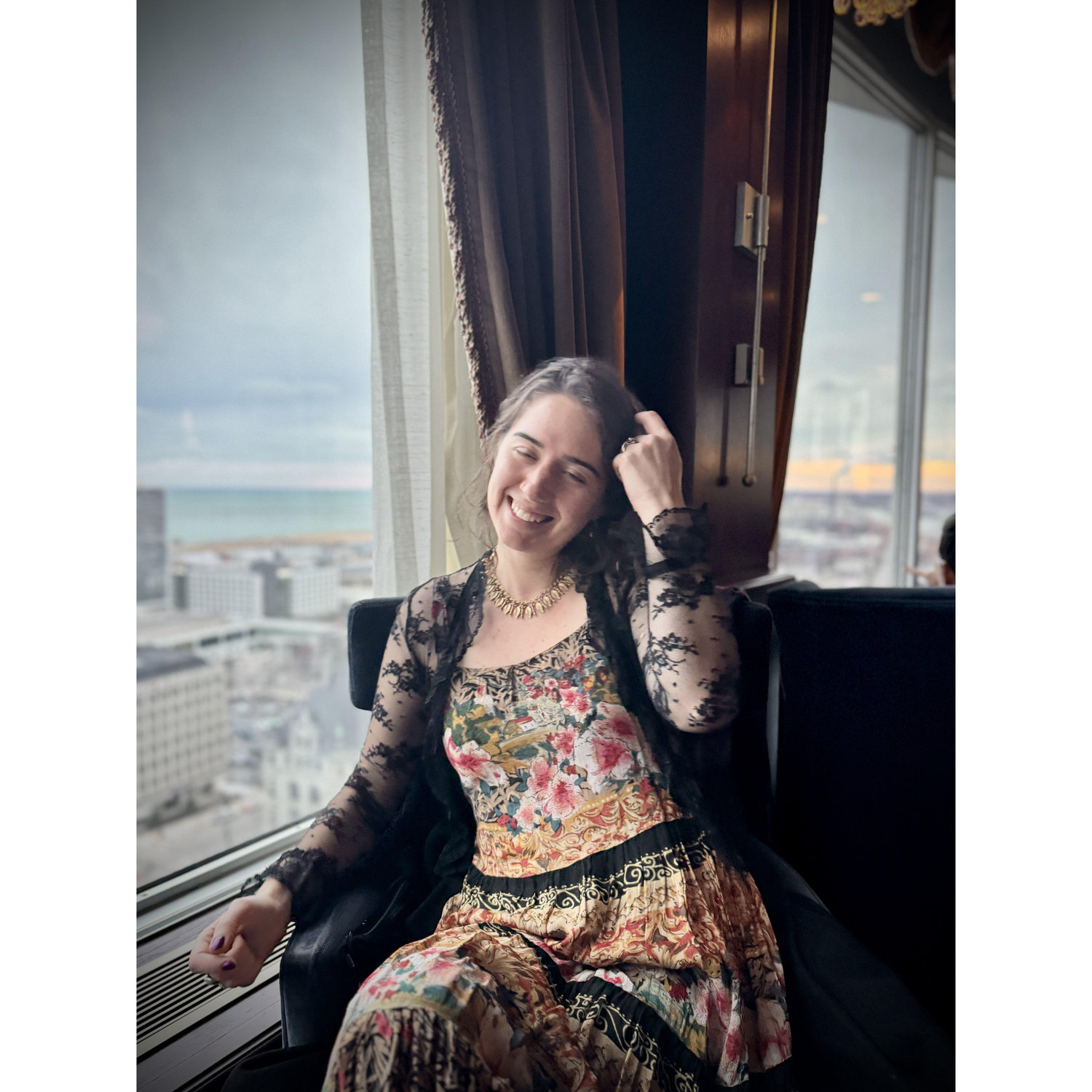 All dressed up for a wedding, having our own cocktail hour at the Pfister