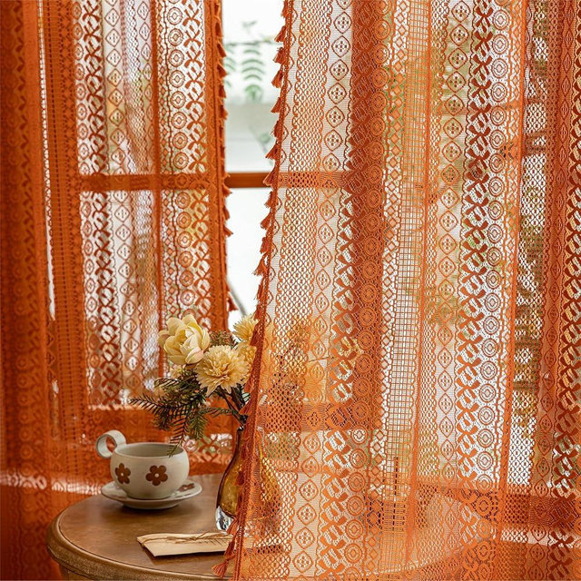 Sutuo Home Terracotta Boho Lace Curtains 2 Panels 84 Inches Long for Living Room&Bedroom, Burnt Orange Crochet Privacy Farmhouse Vintage Tassels Retro Halloween Window Sheer Curtains Rod Pocket,50" W