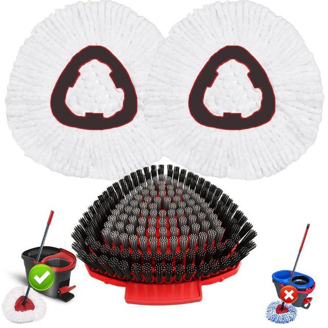 Fatmass Spin Mop Head Replacement for O Cedar EasyWring 1-Tank System, 2 Mop Replace Heads + 1 Upgrade Scrubber Brush, 100% Microfiber Mop Refills Deep Cleaning Machine Washable