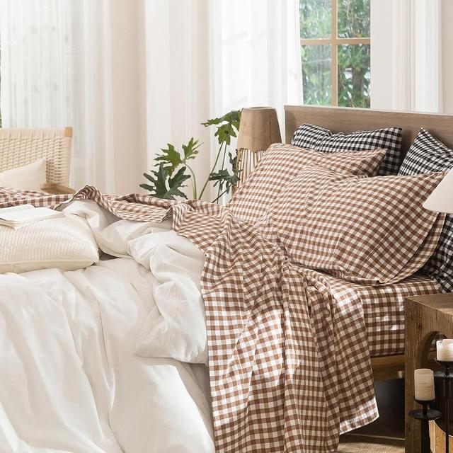 MooMee Gingham Sheet Set 100% Washed Cotton Linen Like Textured Breathable Soft w/ Fully Elasticized 16-19" Deep Pocket (Classic Gingham Dark Orange, Queen)