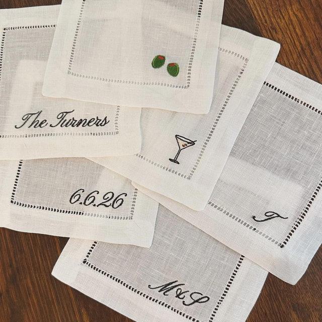 Custom Embroidered Linen Cocktail Napkins with Trendy Icons & Text