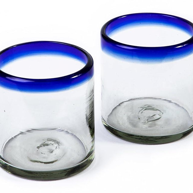 Handmade con Amor - 7 oz Hand Blown Mexican Drinking Glasses - Set of 2, 7 fl oz each, Cobalt-Blue Rim