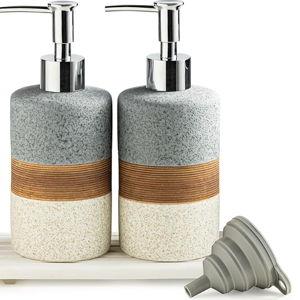 Ceramic Soap Dispenser Set(2 Pack) – Hand Soap, Dish Soap, Shampoo & Shower Soap Dispenser for Bathroom & Kitchen, Stainless Steel Pump, Includes Silicone Funnel & Diatomaceous Tray, Gray