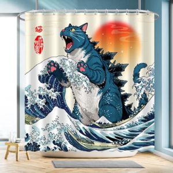 Funny Blue Cat Monster Shower Curtain Set, Japanese Anime Sunset Ocean Waves Home Bathroom Decor, Polyester Cloth Fabric Bath Curtain with 12 Hooks 72“ W x 72” L