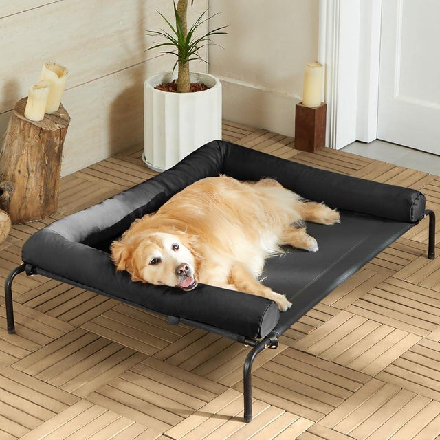 Cooling Elevated Dog Bed for Large Dogs – Waterproof Raised Dog Cot with Slope Headrest, Breathable Teslin Mesh, Durable & Portable Pet Bed for Indoor and Outdoor Use, Black