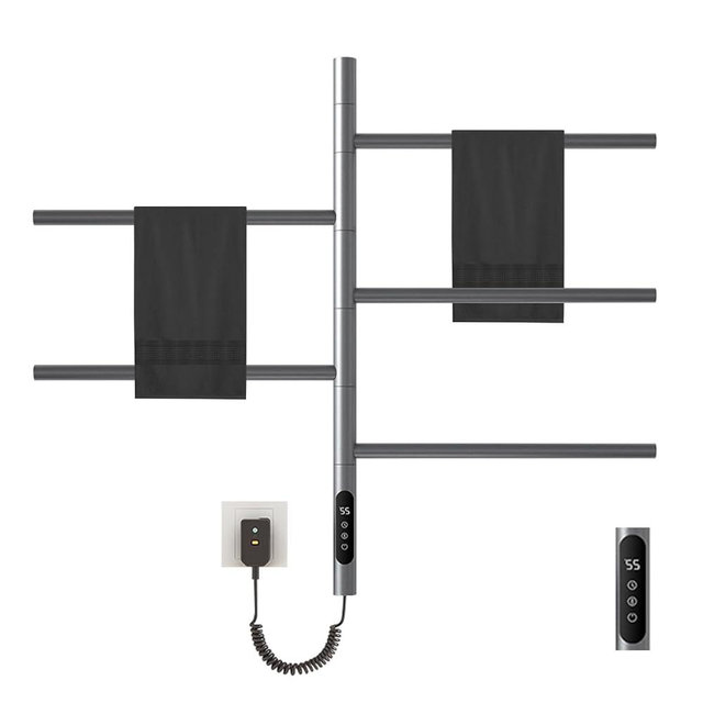 KUKKUME 180°Rotation Electric Heated Towel Rack Wall Mounted Towel Warmer Racks 5 Bars Hardwired & Plug-in Hot Towel Rack with 1H-9H Timer for Home Bathroom Salons and Spas (Grey)