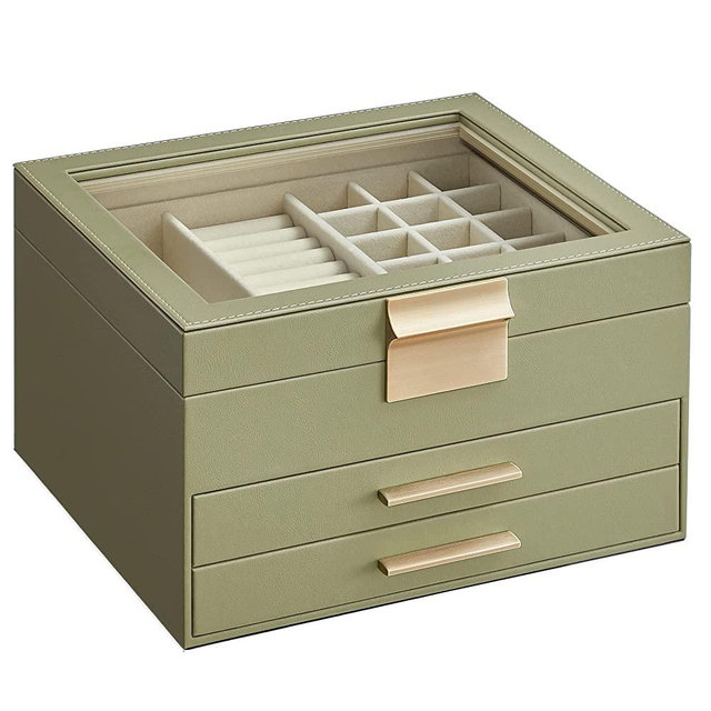 SONGMICS Jewelry Box with Glass Lid, 3-Layer Jewelry Organizer, 2 Drawers, Jewelry Storage, Lots of Storage Space, Modern, Gift Idea, 8 x 9.1 x 5.3 Inches, Avocado Green and Gold Color UJBC239C02