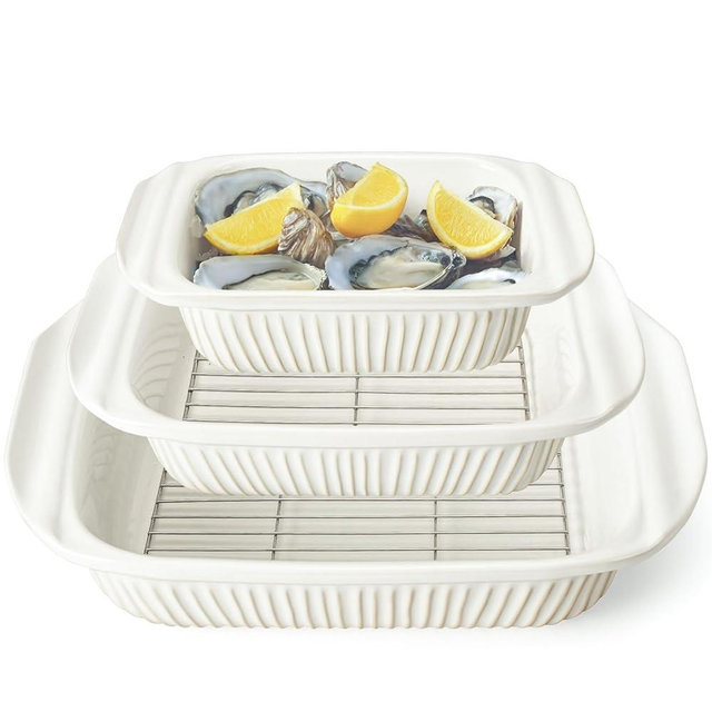 Artena Casserole Dishes For Oven, Ceramic Baking Dish, Large Lasagna Pan With Handles, Baking Pan Casserole Dish, Rectangular Bakeware Deep, White, Set Of 3 (5.1Qt/2.3Qt/1.1Qt) (Baking Dish With Rack)